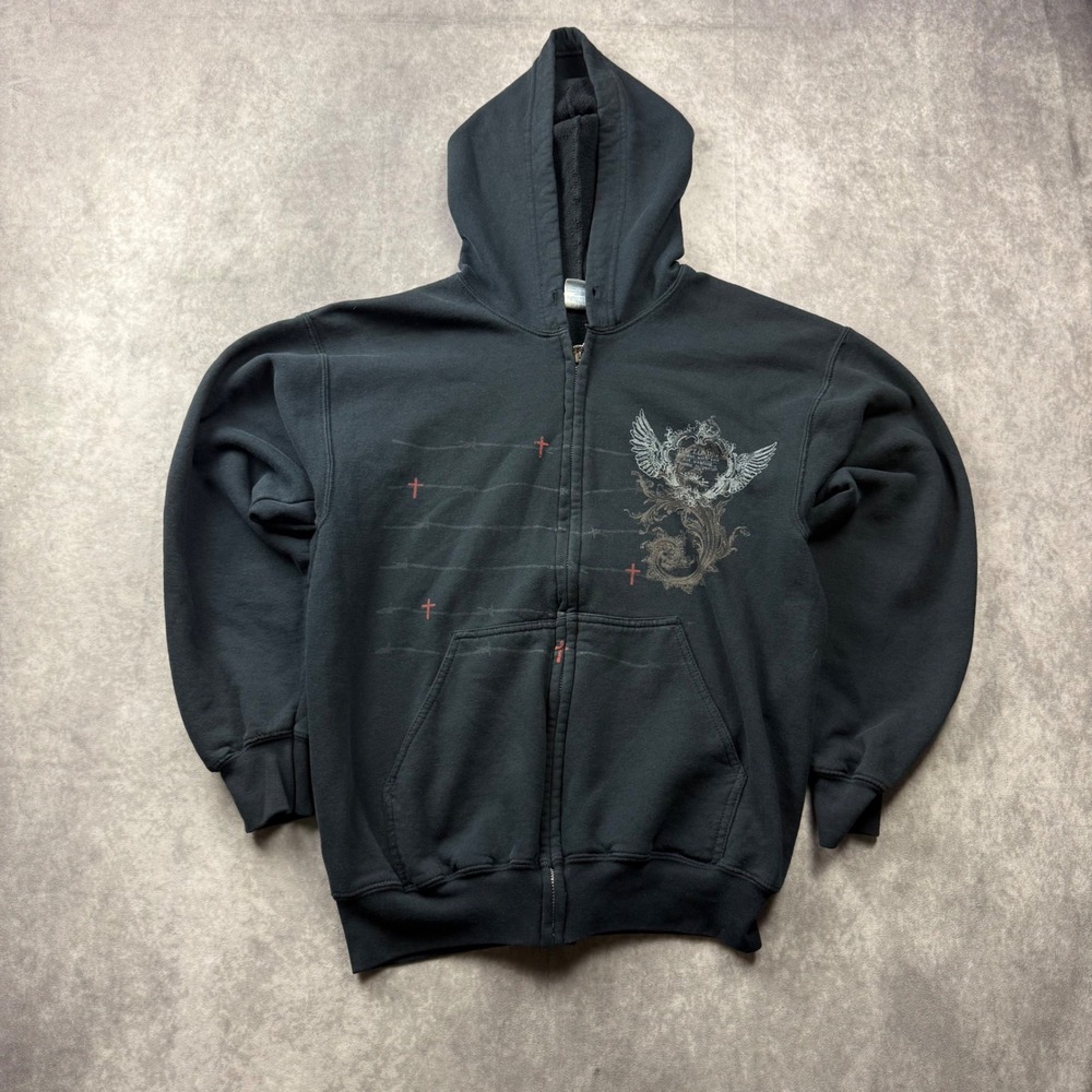 Gildan Heavy Blend Zip Hoodie Black Winged Crest Cross Graphic Mens Medium